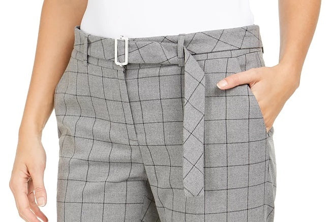 Calça Calvin Klein Feminina Estampada Windowpane com Cinto Cinza Tamanho 14