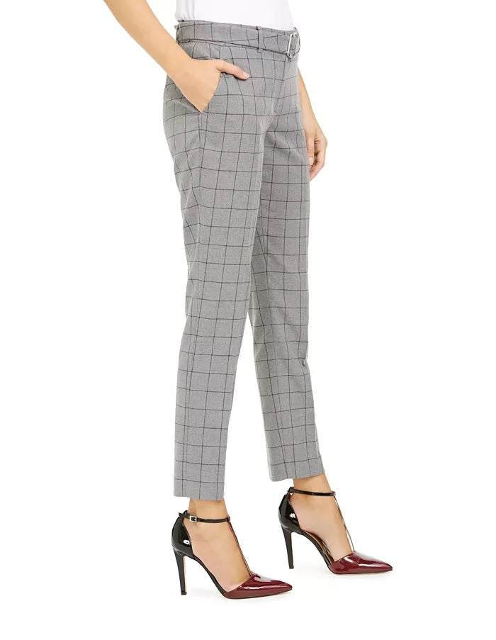 Calça Calvin Klein Feminina Estampada Windowpane com Cinto Cinza Tamanho 8