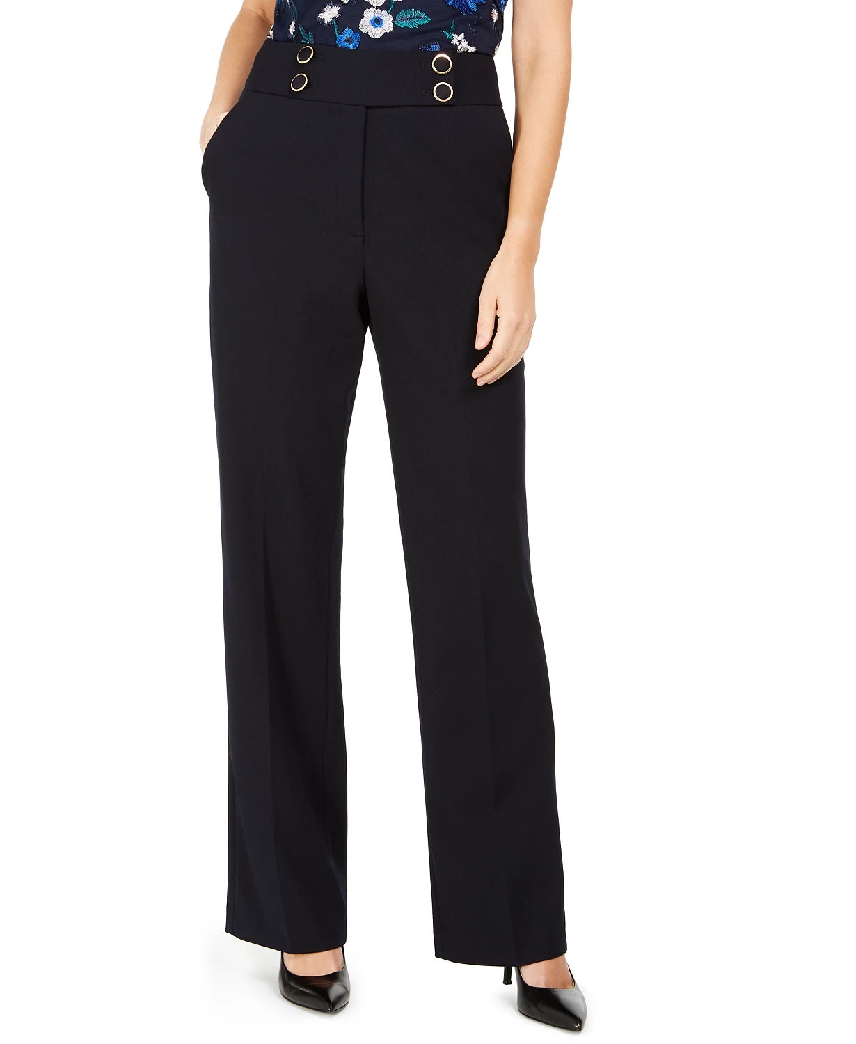 Calça social feminina Calvin Klein Petite, cintura alta, com botões, azul, tamanho 8 Petite