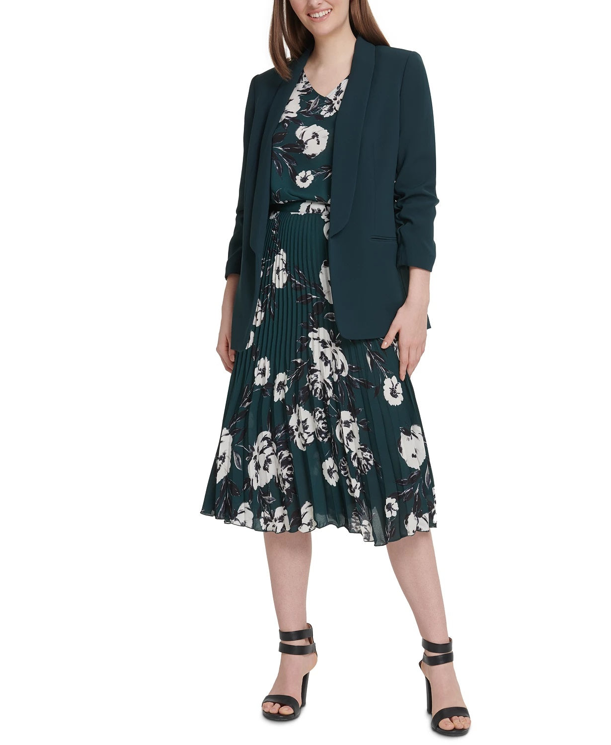 Blazer feminino DKNY com manga franzida e abertura frontal, verde, tamanho 8