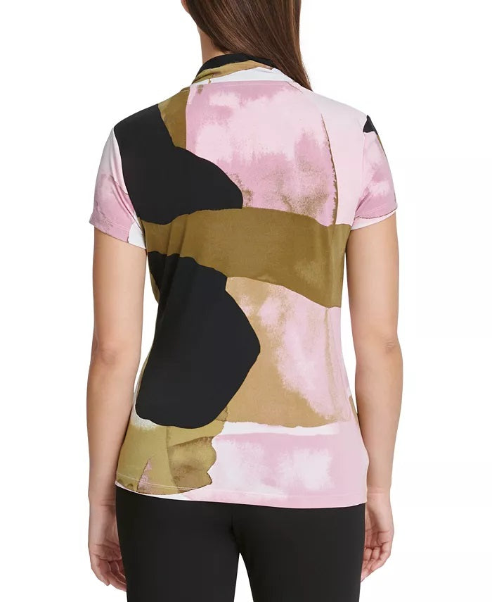 Blusa feminina DKNY com estampa de sobrepeliz e gola alta, rosa brilhante, tamanho pequeno