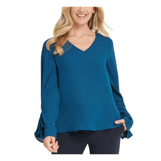Blusa feminina DKNY azul-petróleo com franzido e decote em V, manga comprida, tamanho médio