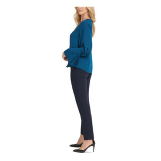 Blusa feminina DKNY azul-petróleo com franzido e decote em V, manga comprida, tamanho médio