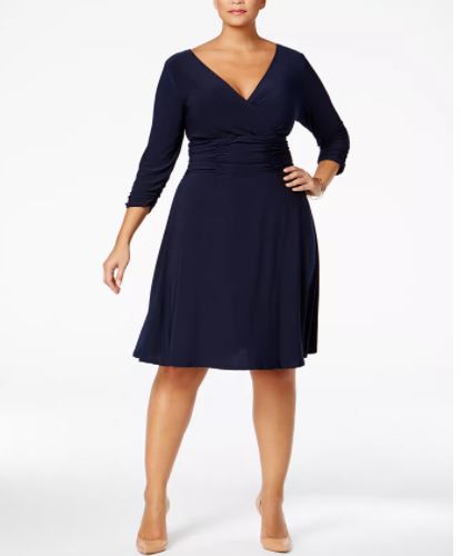 Vestido plus size franzido evasê feminino NY Collection, azul-marinho, tamanho 1X