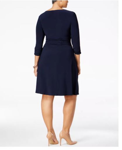 Vestido plus size franzido evasê feminino NY Collection, azul-marinho, tamanho 1X