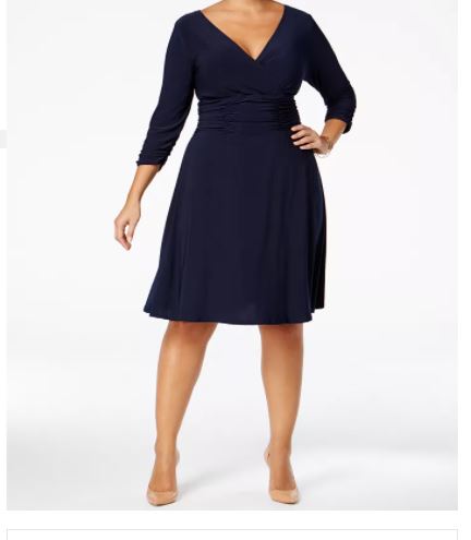 Vestido plus size franzido evasê feminino NY Collection, azul-marinho, tamanho 1X