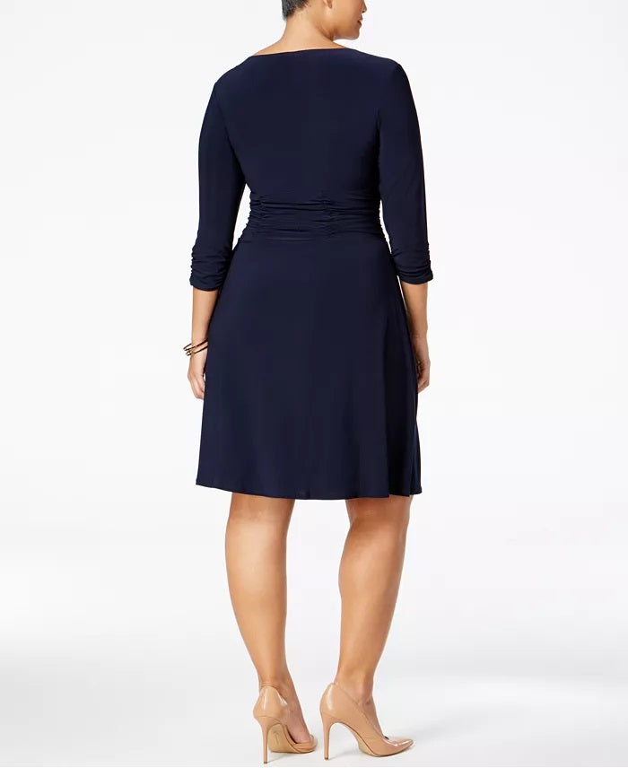 Vestido feminino plus size com babados evasê NY Collection, azul marinho, tamanho 2, extra grande