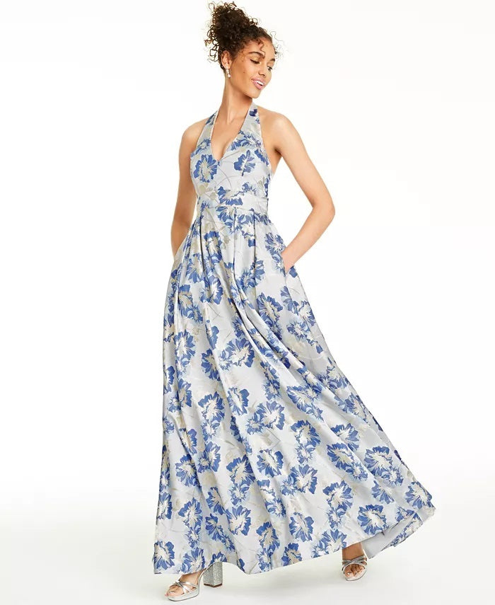 Vestido infantil sem mangas com brocado floral metálico, azul médio, tamanho 11