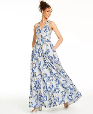 Speechless Junior's Metallic Floral Brocade Halter Gown Medium Blue Size 11