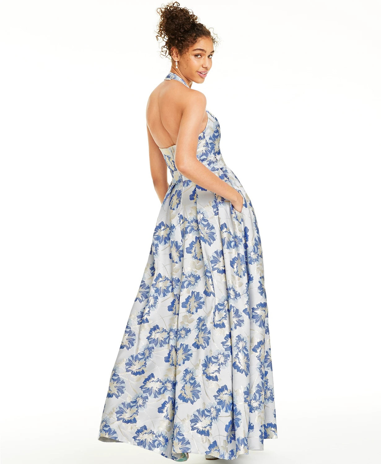 Vestido infantil sem mangas com brocado floral metálico, azul médio, tamanho 11