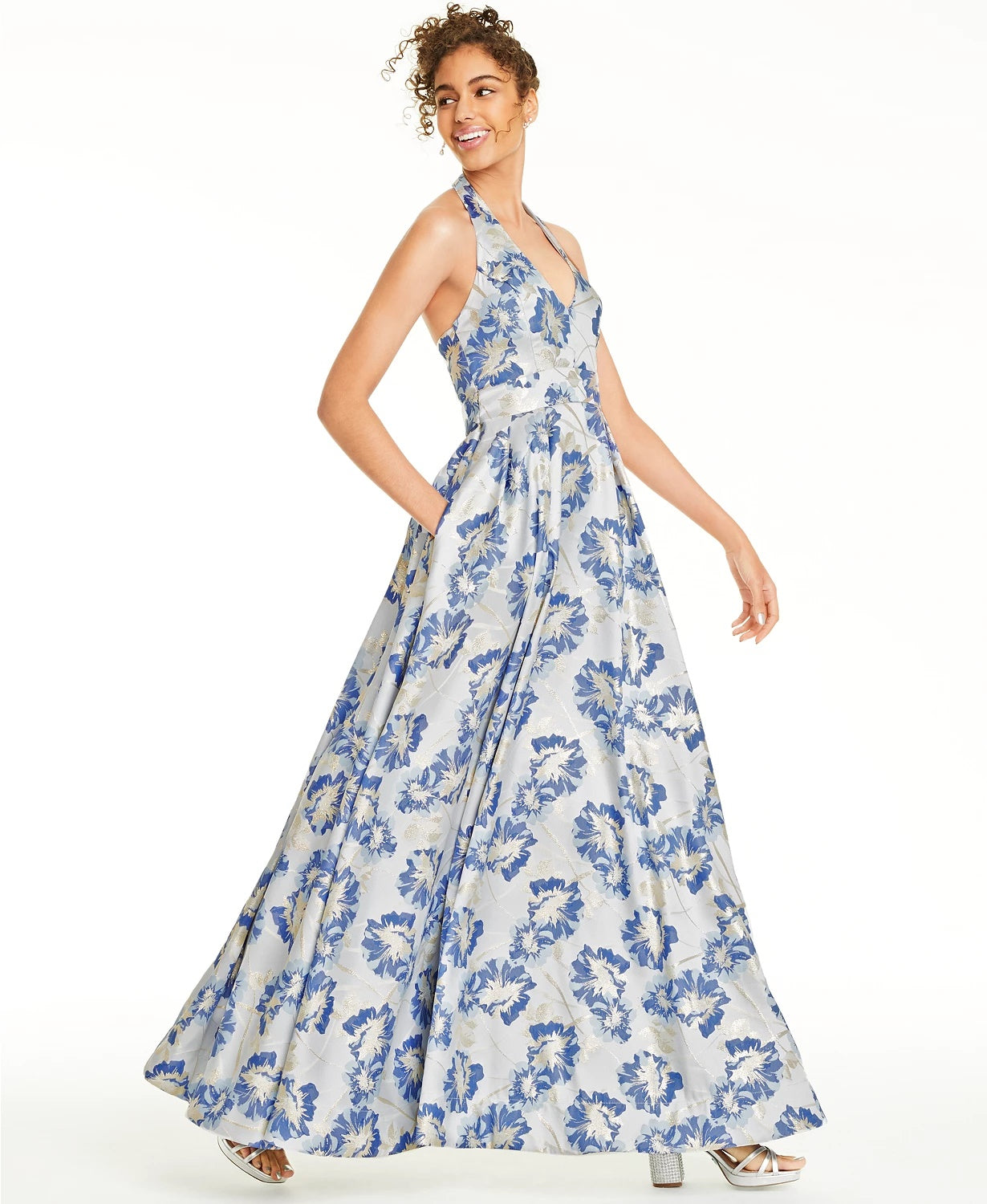 Vestido infantil sem mangas com brocado floral metálico, azul médio, tamanho 11