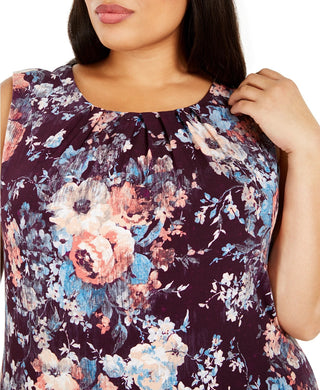 Blusa feminina plus size xadrez com gola plissada, tamanho 1X, roxa, Calvin Klein