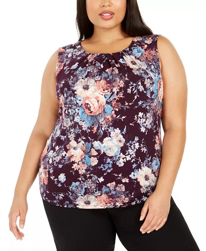Blusa feminina plus size xadrez com gola plissada, tamanho 1X, roxa, Calvin Klein