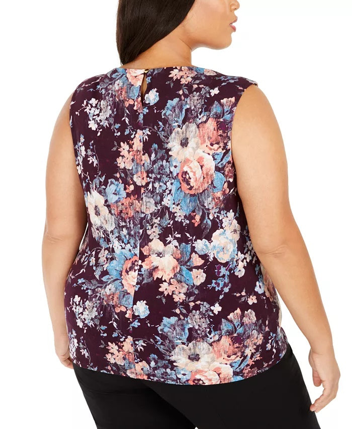 Blusa feminina plus size xadrez com gola plissada, tamanho 1X, roxa, Calvin Klein