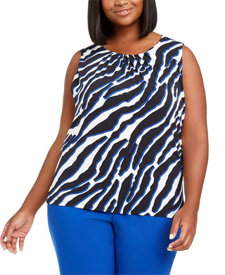 Blusa Calvin Klein Plus Size Feminina Estampa Animal e Gola Franzida Azul Tamanho 2X