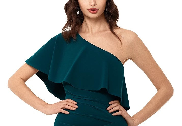 Vestido feminino XSCAPE com babados e um ombro só, verde médio, tamanho 12