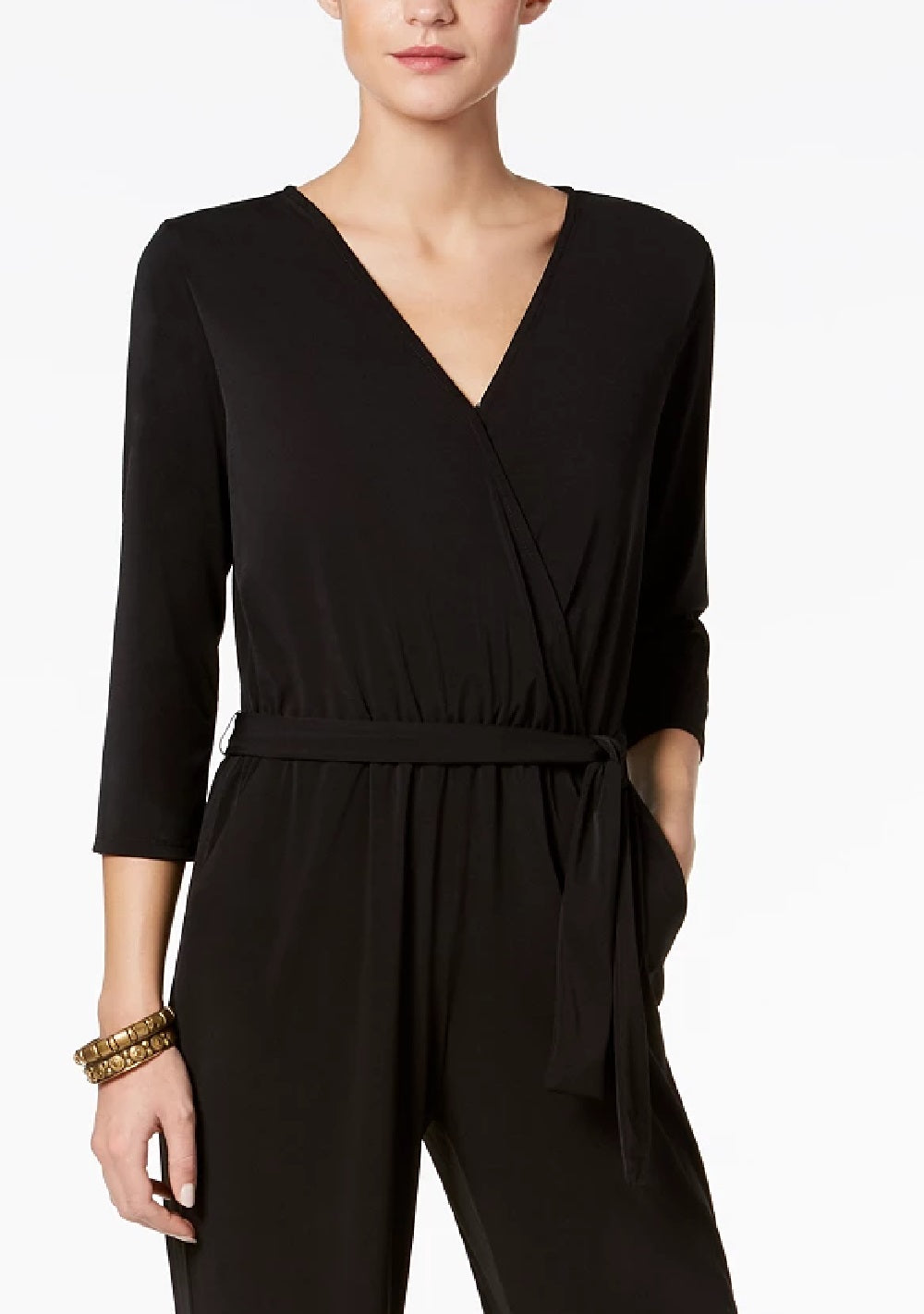 Macacão feminino com cinto, coleção Ny, tamanho pequeno, preto, tamanho grande