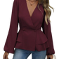 V Neck Lantern Sleeve Peplum Blazer Jacket