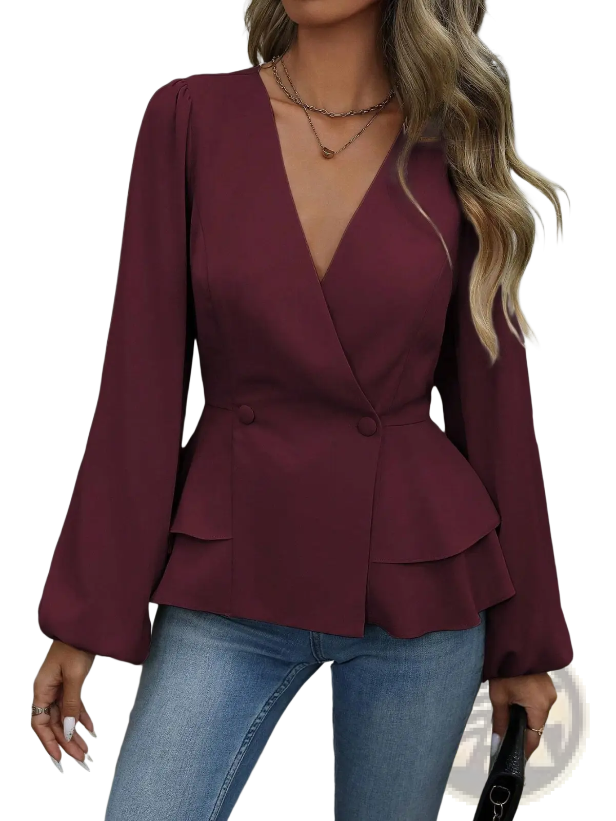 V Neck Lantern Sleeve Peplum Blazer Jacket