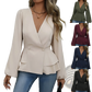 V Neck Lantern Sleeve Peplum Blazer Jacket