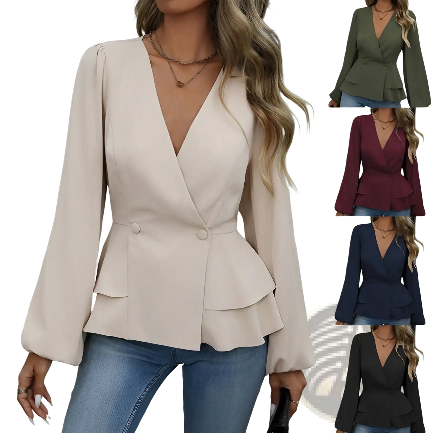 V Neck Lantern Sleeve Peplum Blazer Jacket