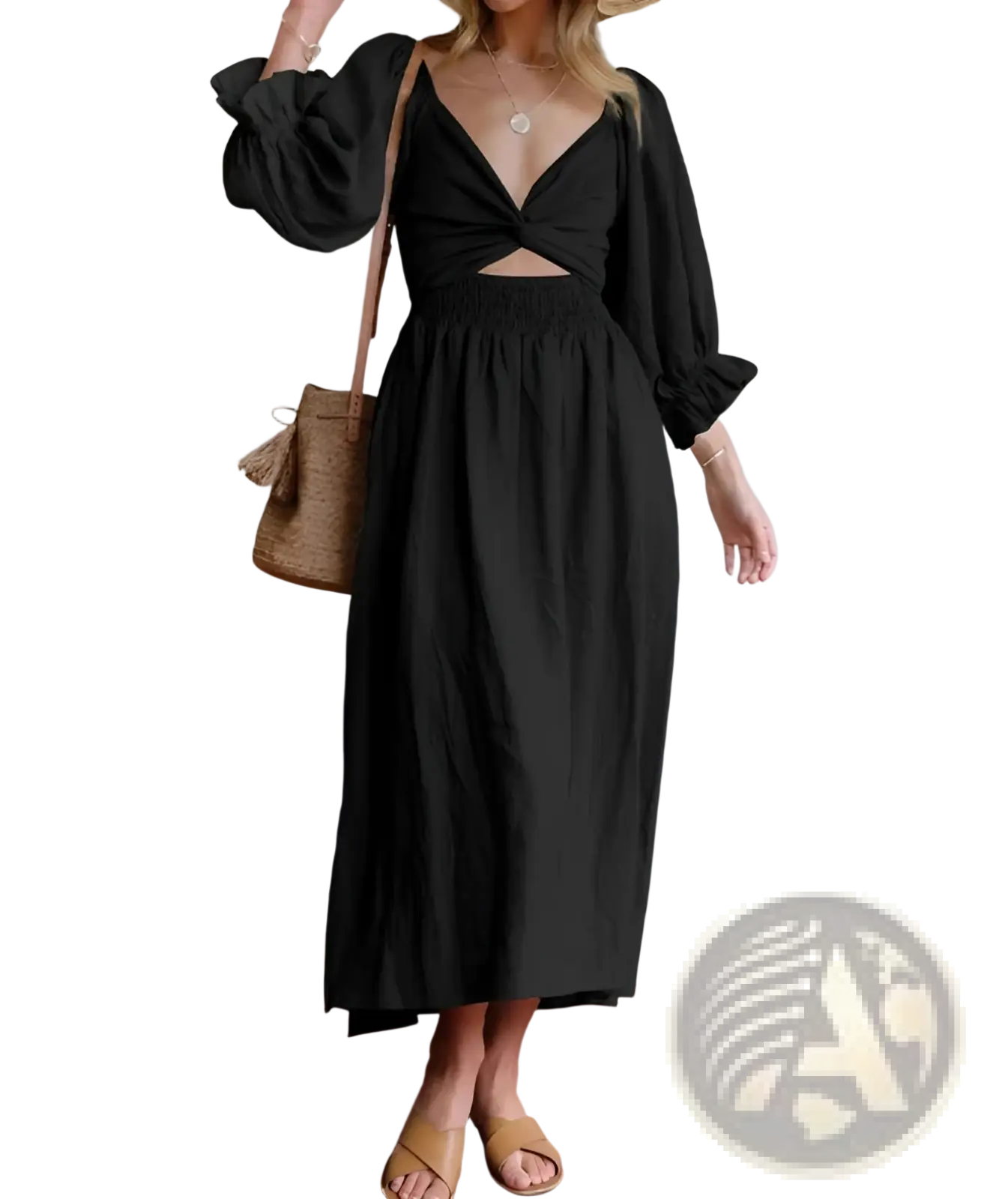 V-neck Lantern Sleeve Reversible Midi Dress