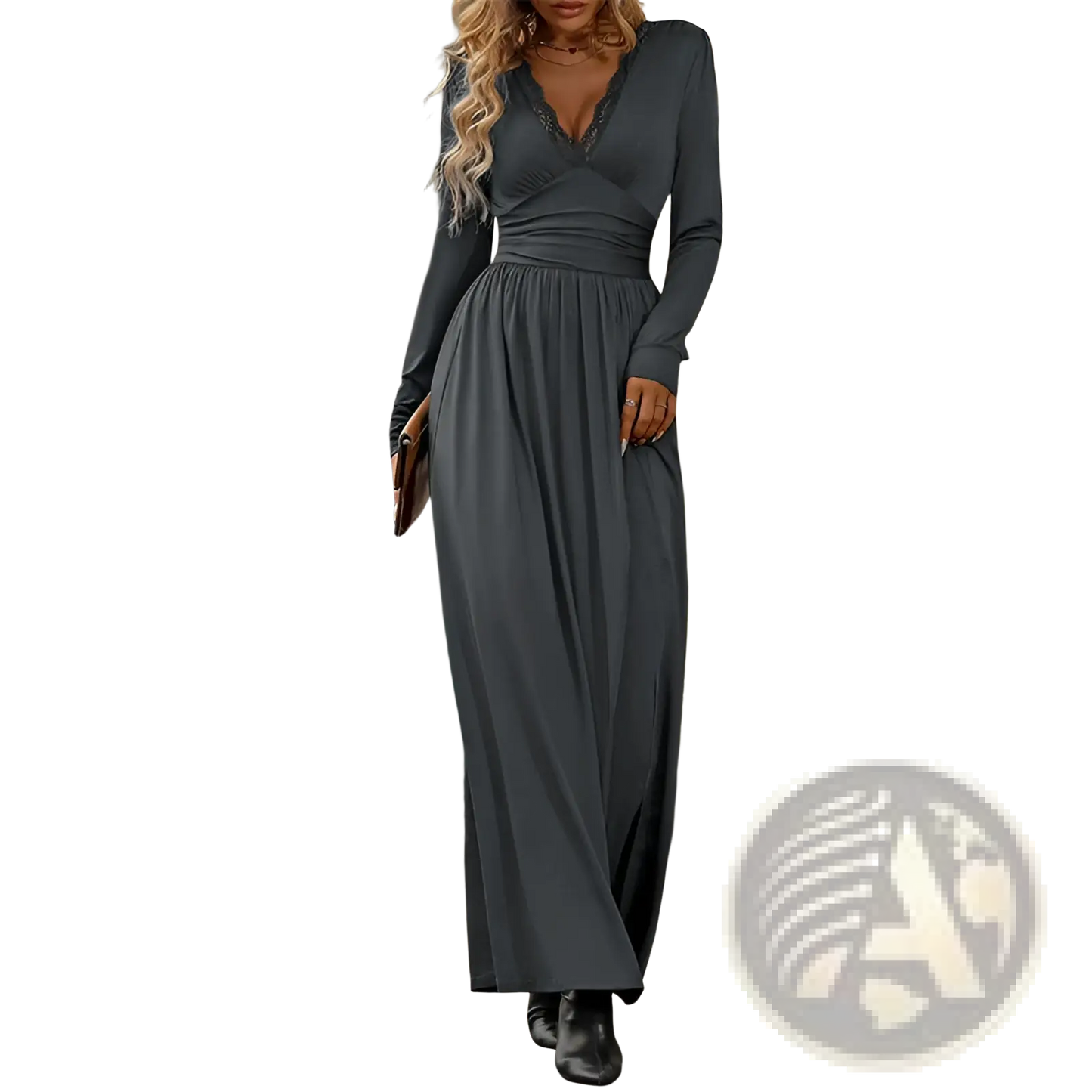V Neck Long Sleeve Ruched Slit Maxi Dress