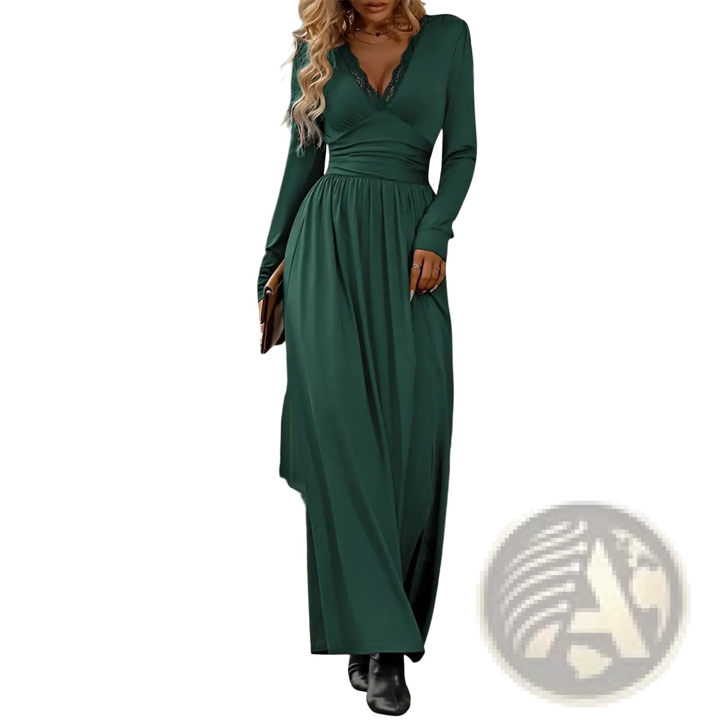V Neck Long Sleeve Ruched Slit Maxi Dress