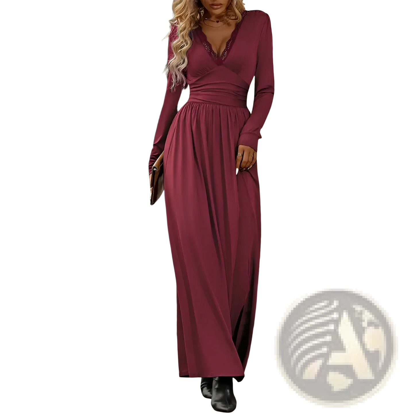 V Neck Long Sleeve Ruched Slit Maxi Dress