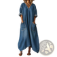 V Neck Rolled Sleeve Denim Maxi Dress with Pockets