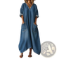 V Neck Rolled Sleeve Denim Maxi Dress with Pockets