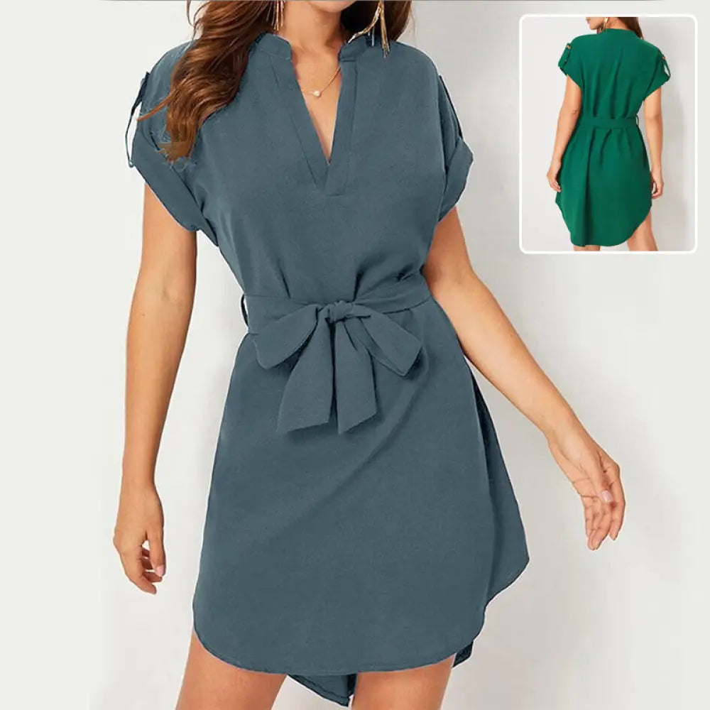 Emerald Green v Neck Short Sleeve Belted Wrap Dress