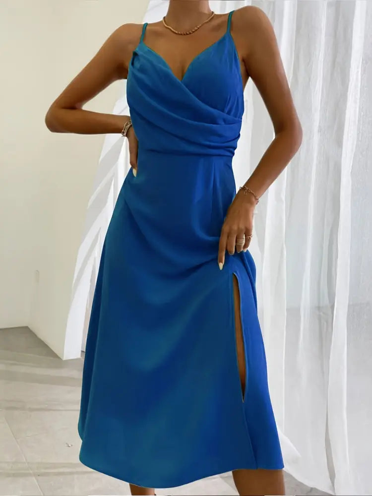 Satin v Neck High Slit Summer Maxi Dress