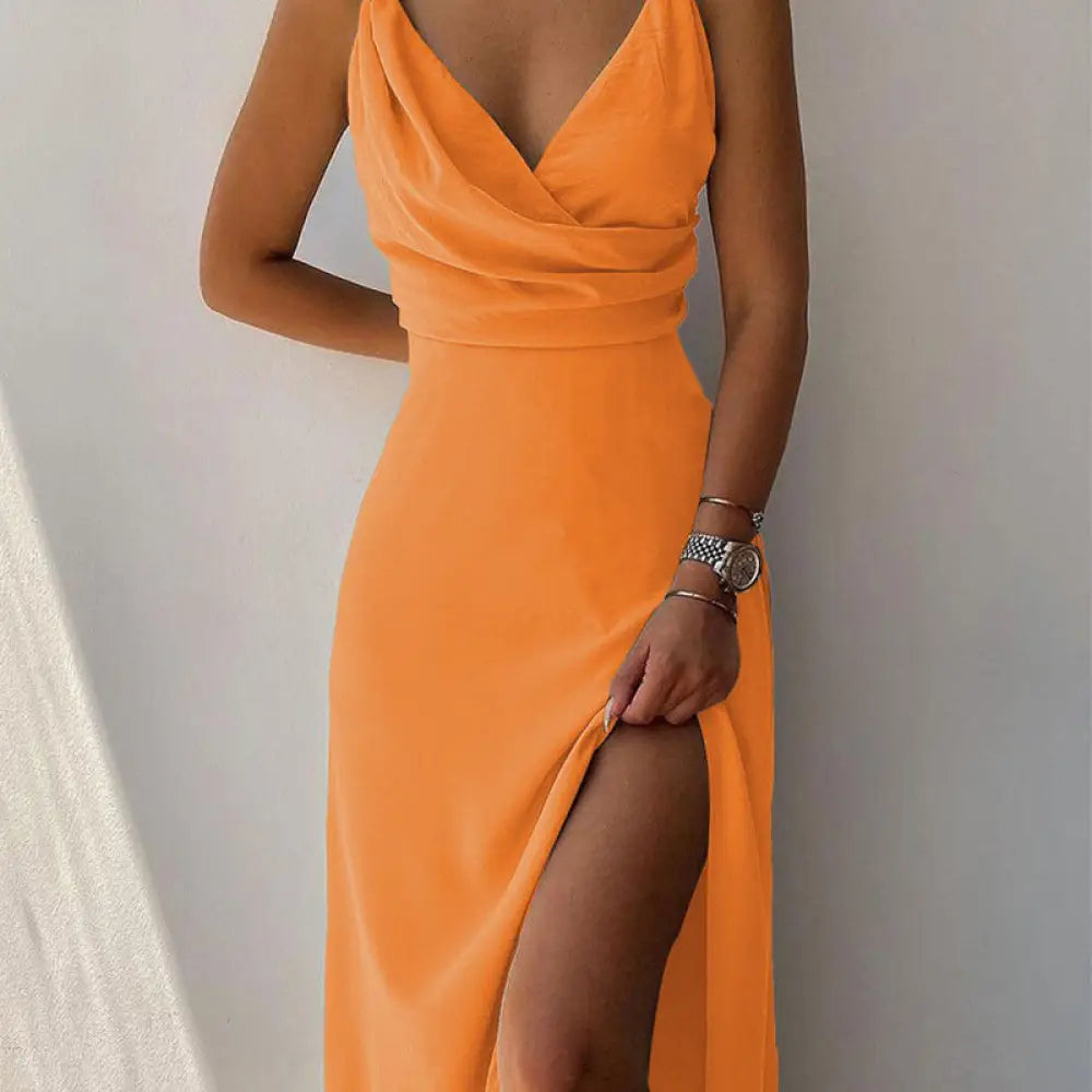 Satin v Neck High Slit Summer Maxi Dress