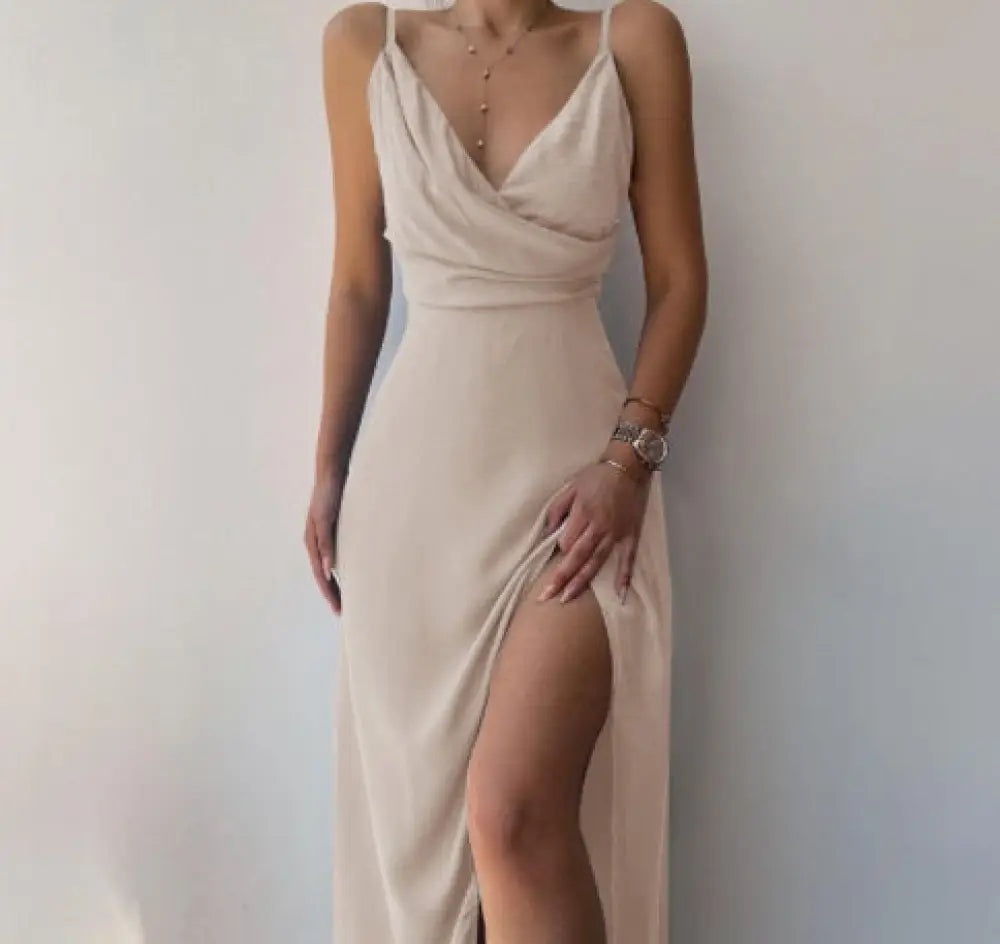 Satin v Neck High Slit Summer Maxi Dress