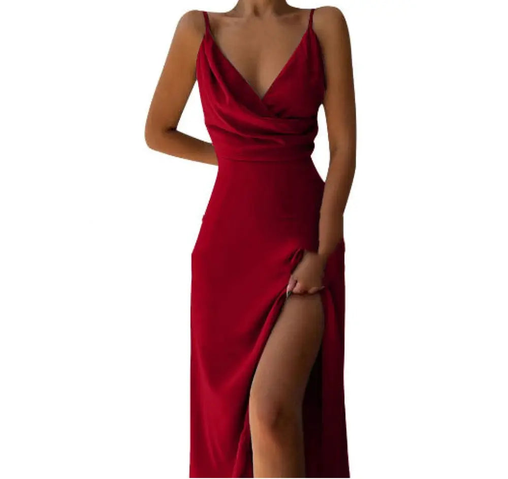 Satin v Neck High Slit Summer Maxi Dress
