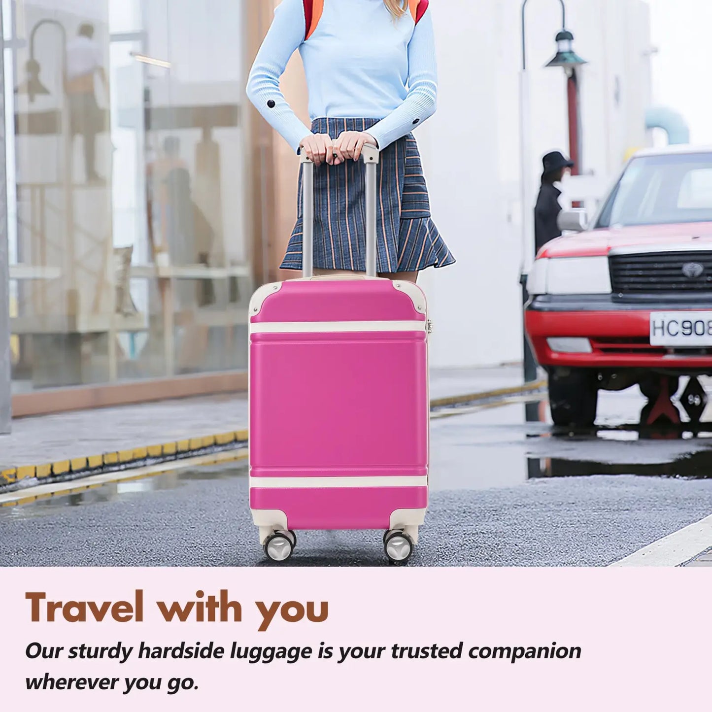 Hardshell Luggage Sets With Bags Lightweight Suitcase Double Spinner Wheels With TSA Lock ,Single Vintage Luggage 24 IN,Pink