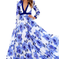 Vintage Blue Floral V-neck Maxi Dress with Navy Trim