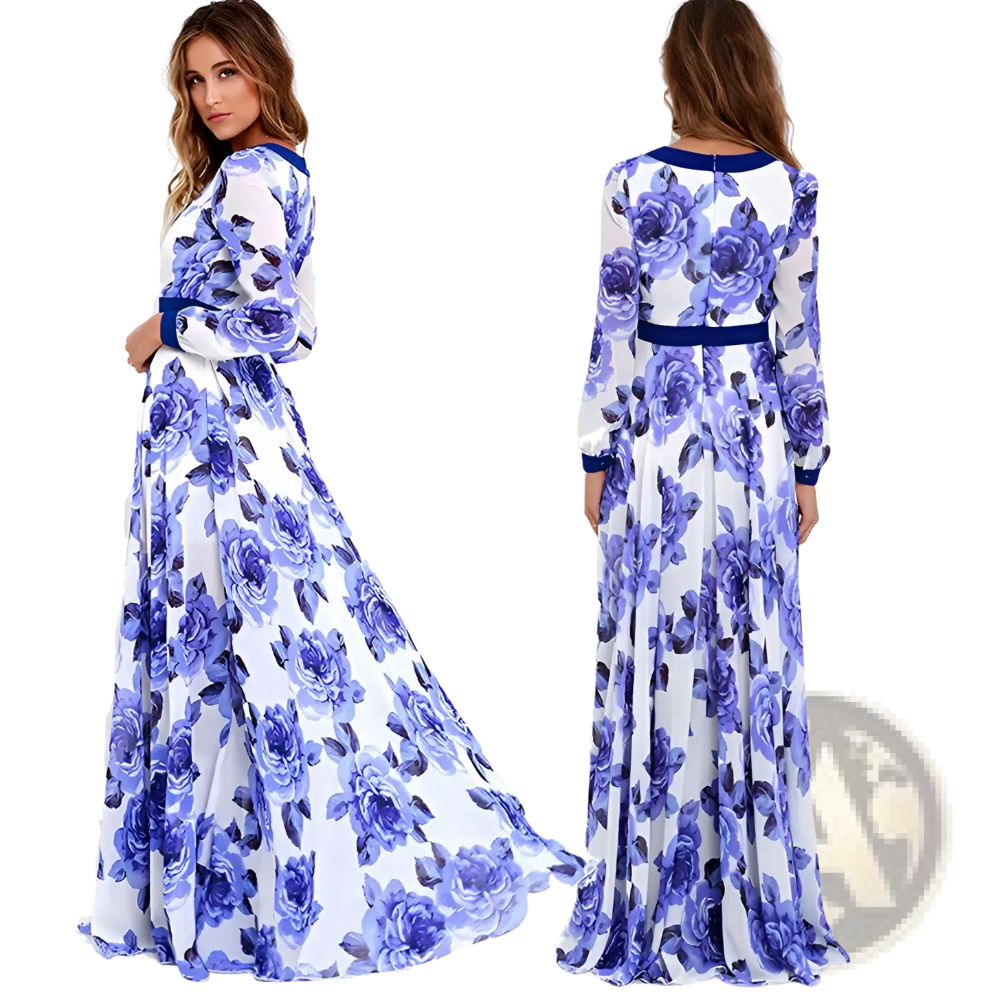 Vintage Blue Floral V-neck Maxi Dress with Navy Trim
