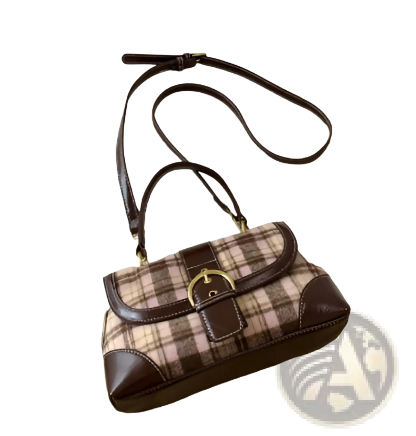 Vintage Plaid Crossbody Bag with Leather Trim