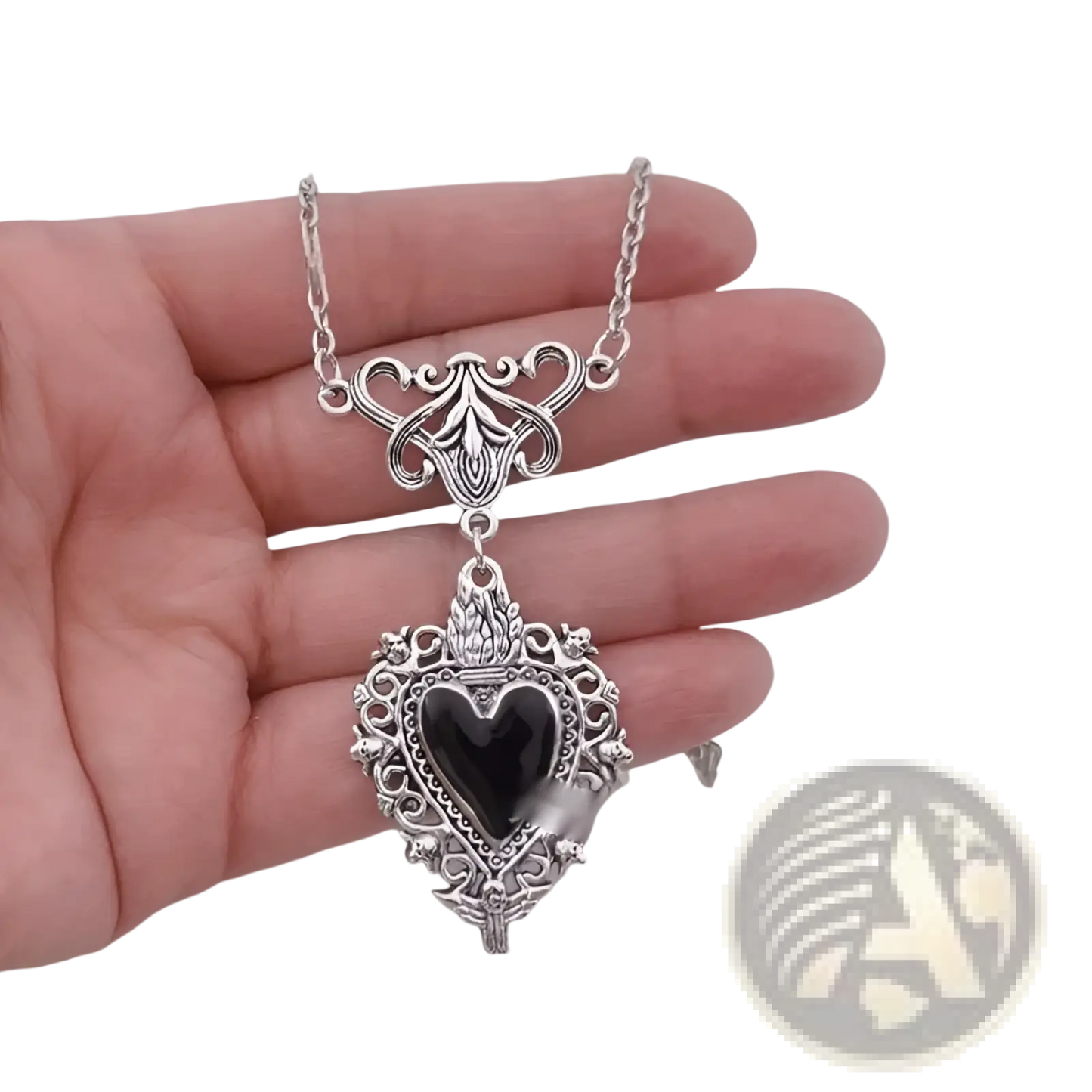 Vintage Silver Filigree Heart Pendant with Red Enamel Center