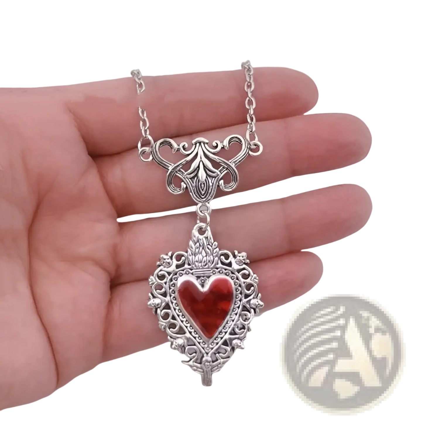 Vintage Silver Filigree Heart Pendant with Red Enamel Center