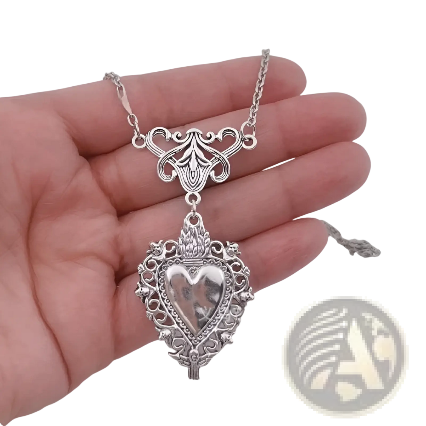 Vintage Silver Filigree Heart Pendant with Red Enamel Center