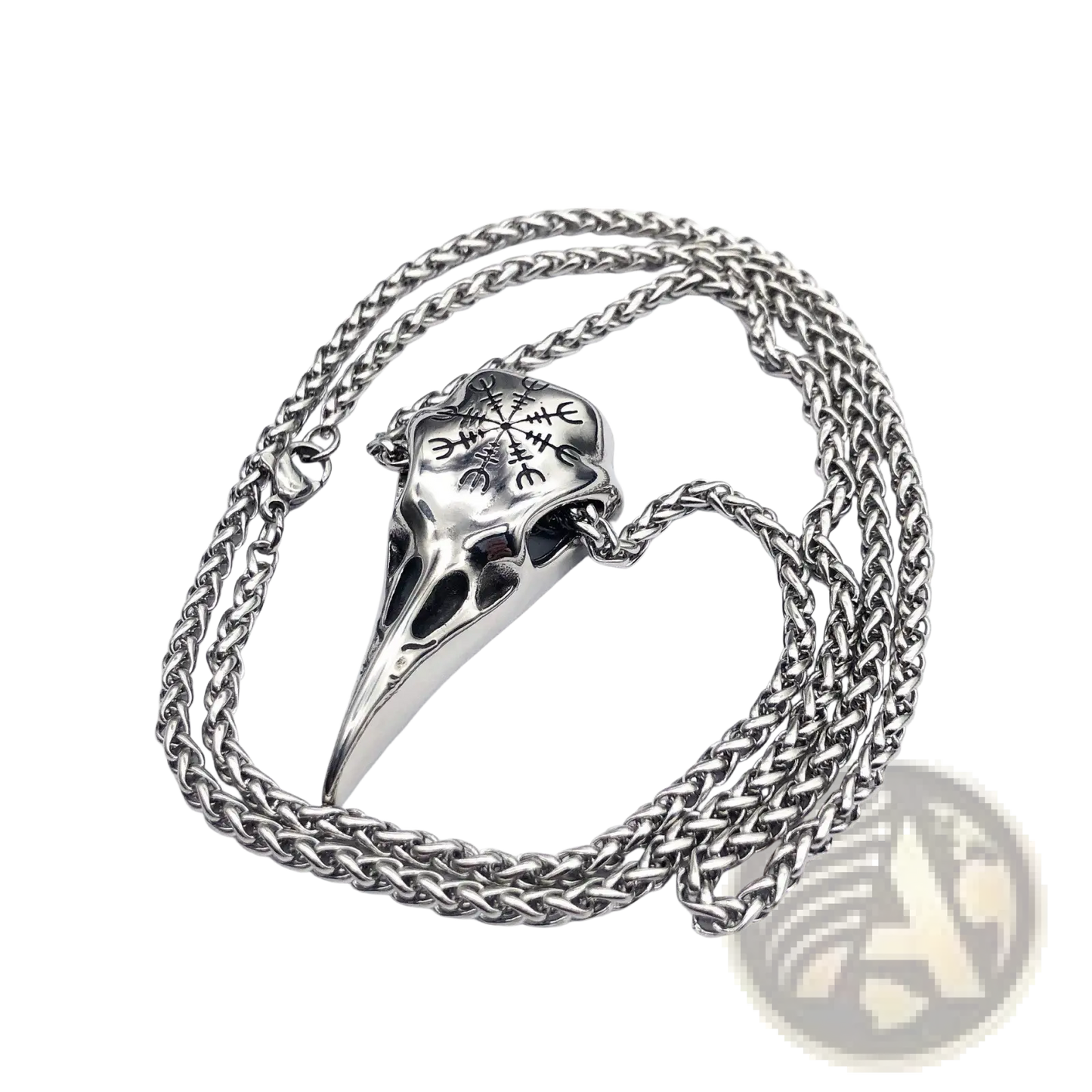 Vintage Viking Runic Raven Skull Pendant Necklace