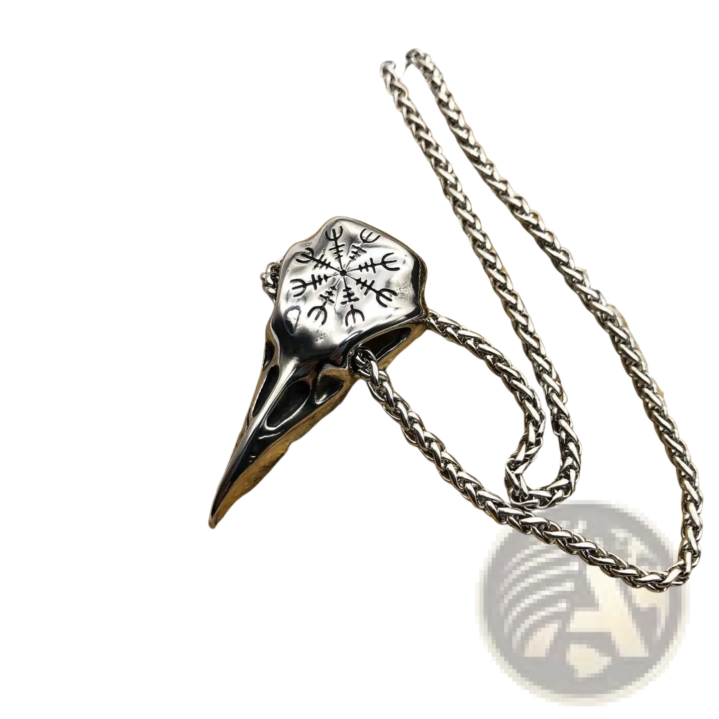 Vintage Viking Runic Raven Skull Pendant Necklace