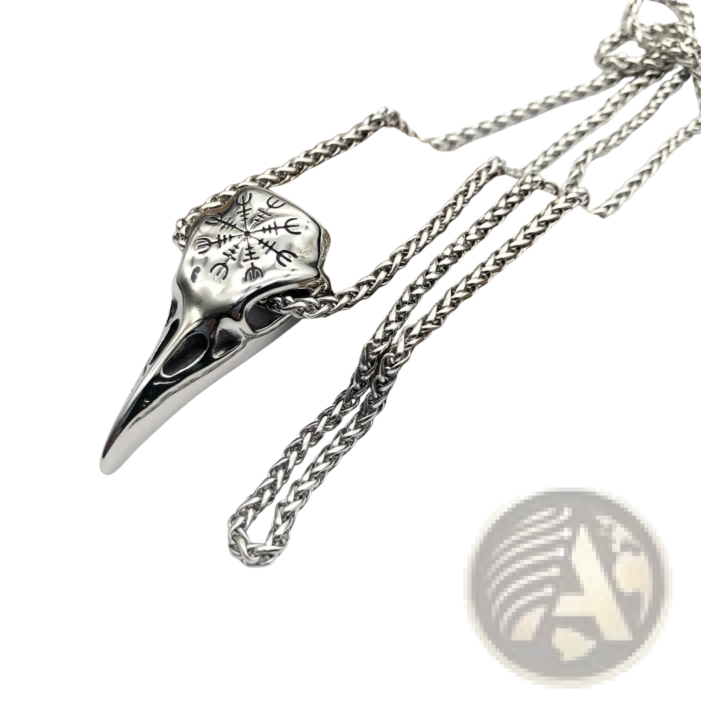 Vintage Viking Runic Raven Skull Pendant Necklace