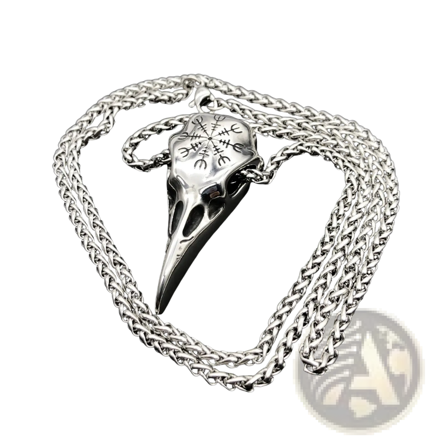 Vintage Viking Runic Raven Skull Pendant Necklace