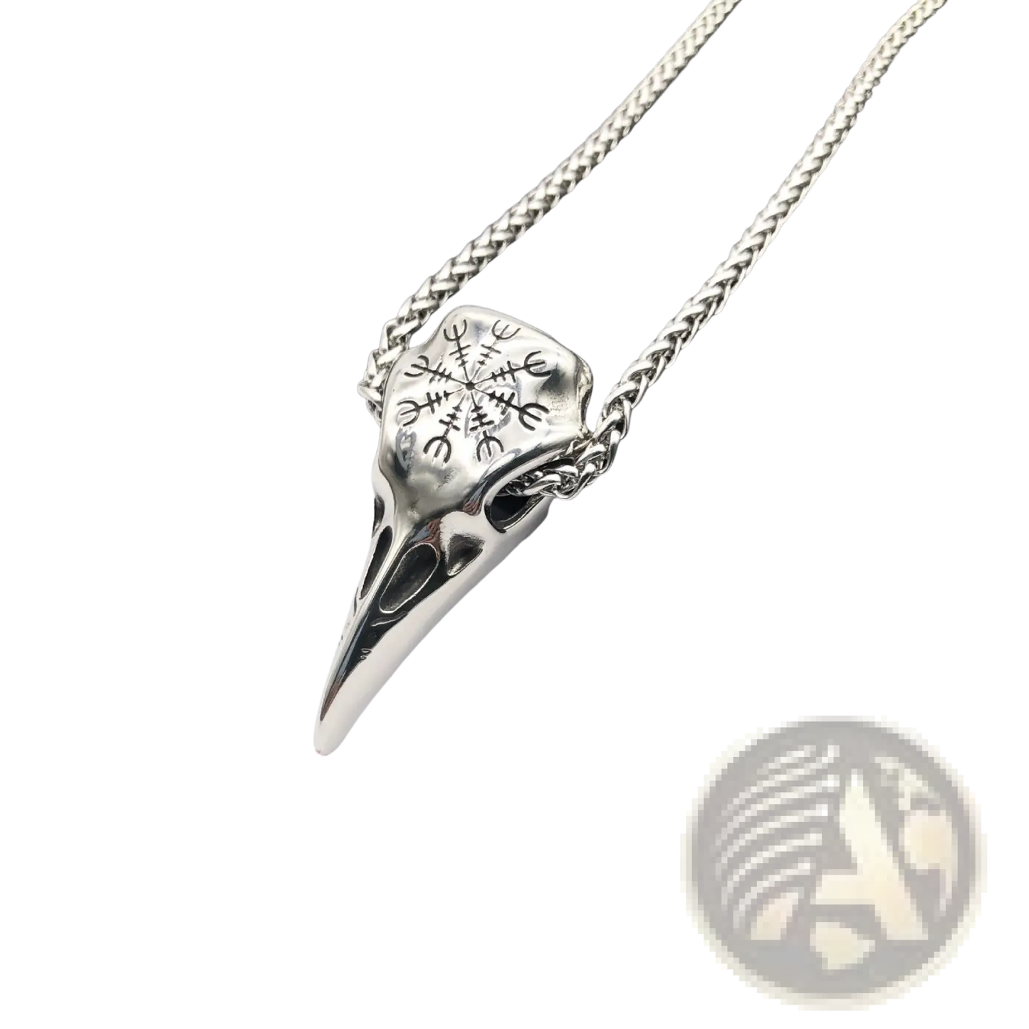 Vintage Viking Runic Raven Skull Pendant Necklace