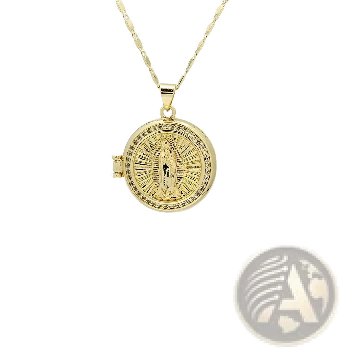 Virgin Mary Gold Locket Necklace with Inlaid Crystals