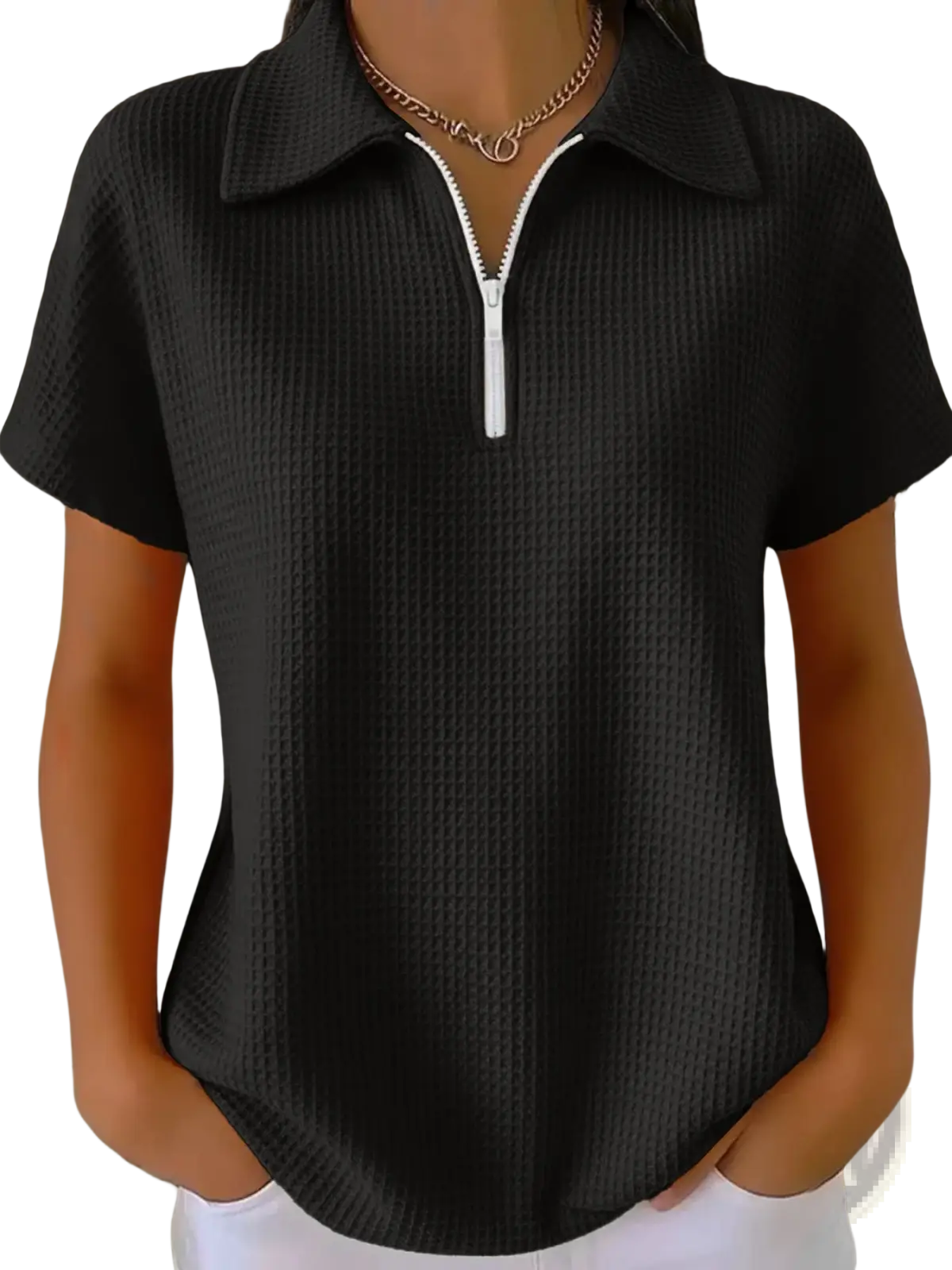 Waffle Knit Half Zip Short Sleeve Polo Shirt
